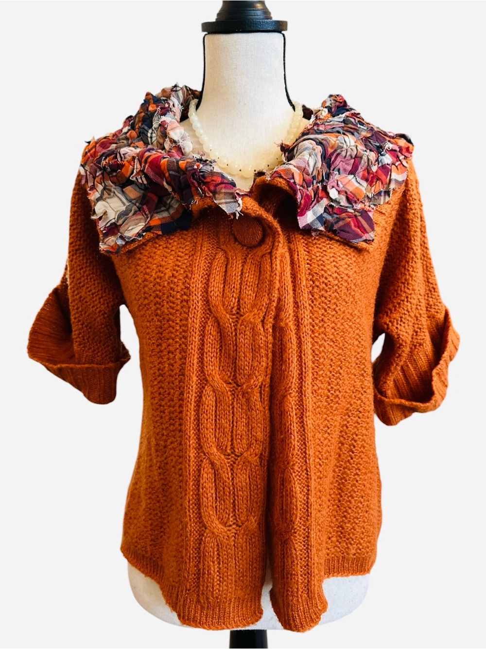 E-vie Orange Cable Knit Cardigan Upcycled Plaid Ruffle Collar Artsy OOAK Medium - Picture 2 of 9